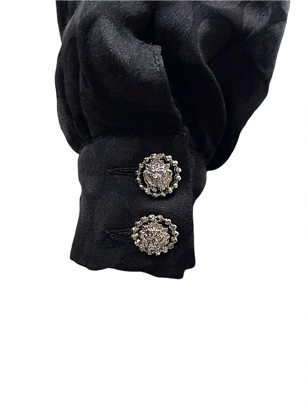CHANEL 2017 Black Silk Jacquard Pleated Dress Lion Buttons FR 34